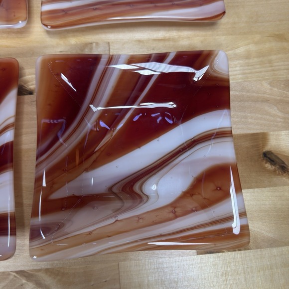 Set of 4 White Orange Red Fused Art Glass Trays 6" by 6" - Picture 6 of 15